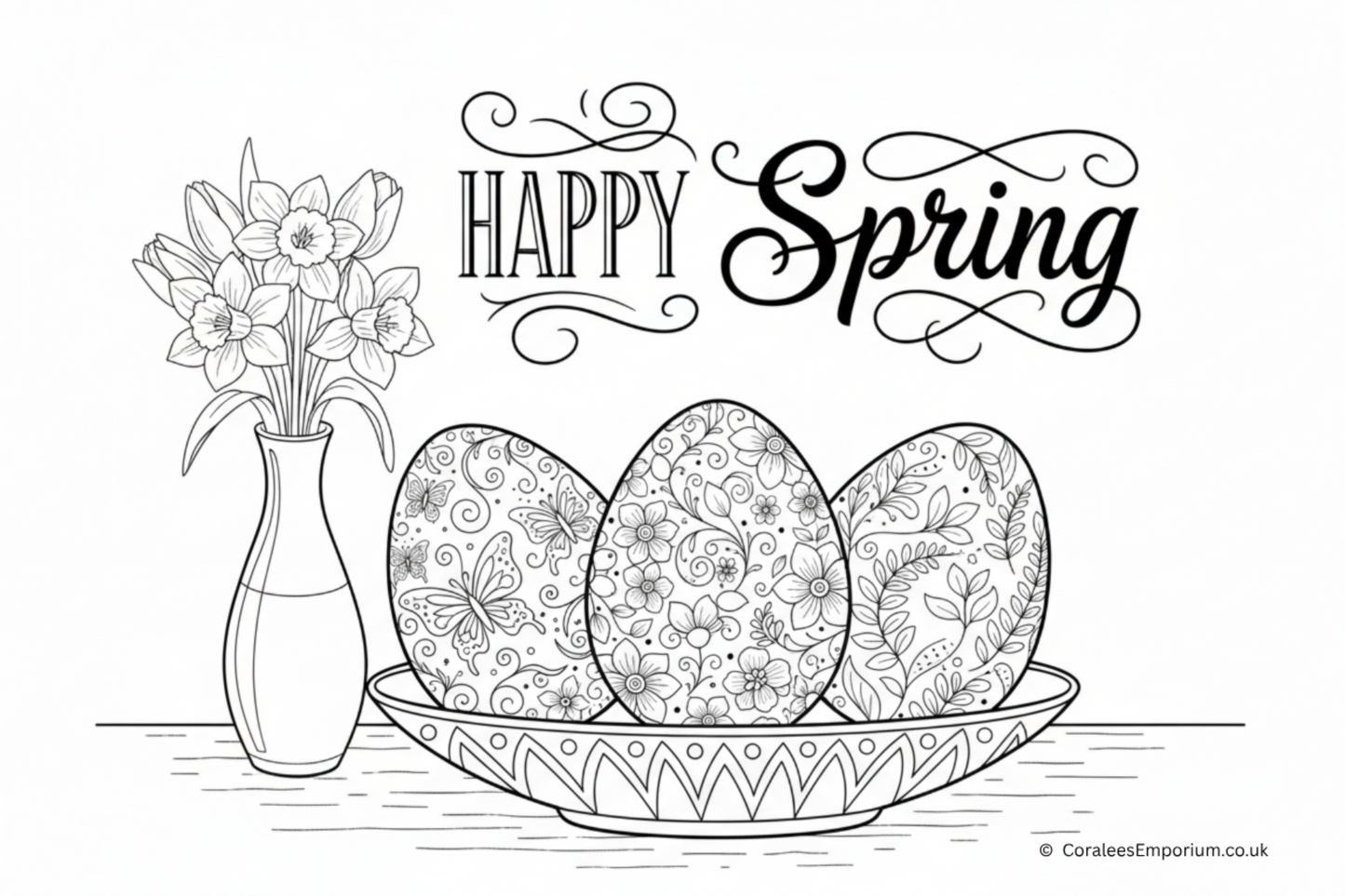 Black ink line, Colouring Page illustration - showing  intricately patterned Easter eggs & flowers in a vase with 'Happy Spring' text on a white background | Coralee's Emporium copyright