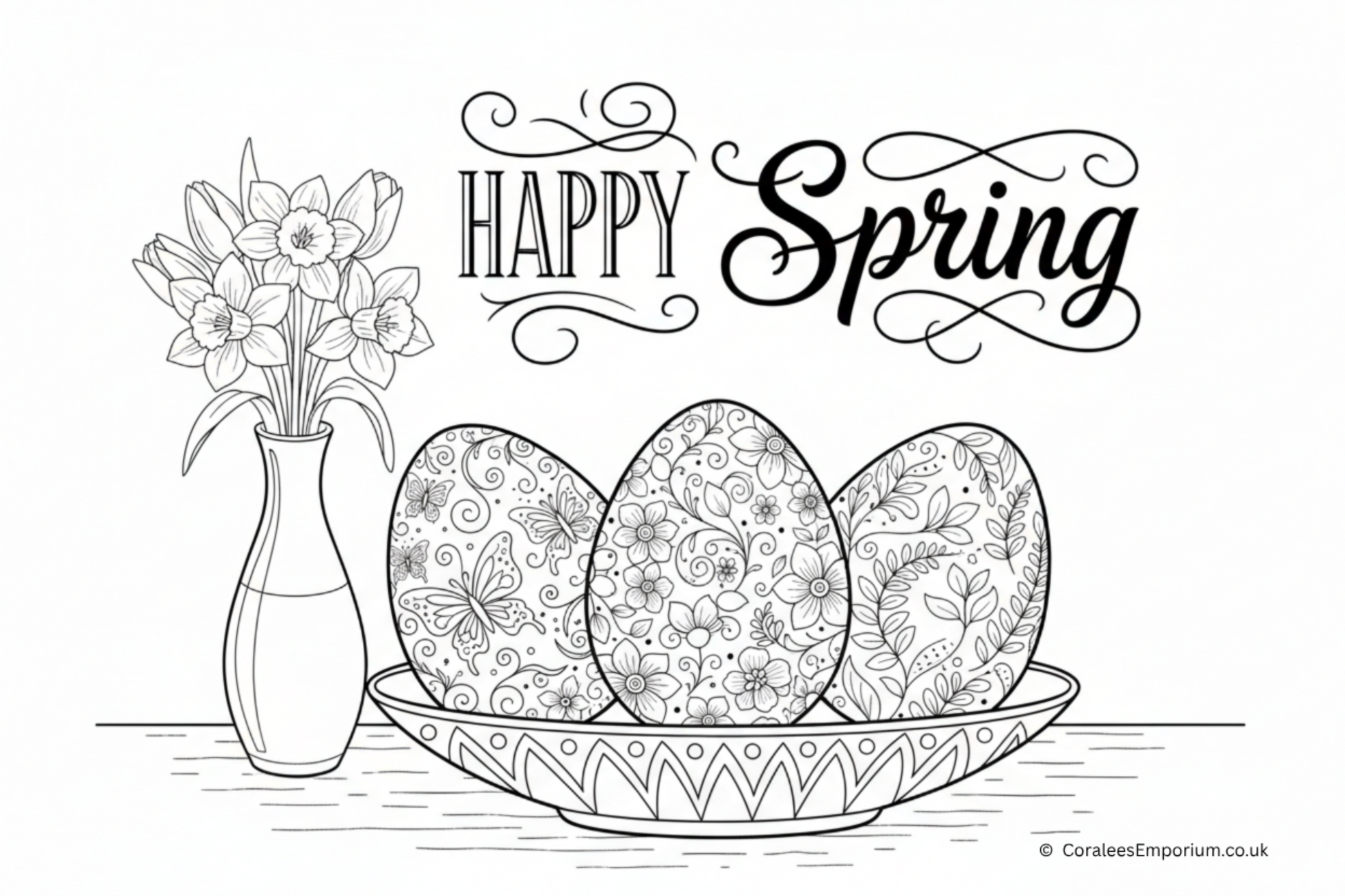 Black ink line, Colouring Page illustration - showing  intricately patterned Easter eggs & flowers in a vase with 'Happy Spring' text on a white background | Coralee's Emporium copyright