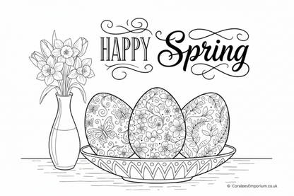 Black ink line, Colouring Page illustration - showing  intricately patterned Easter eggs & flowers in a vase with 'Happy Spring' text on a white background | Coralee's Emporium copyright