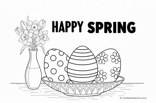 Black ink line, colouring page illustration - showing fun decorated Easter Eggs, & Daffodils in a vase | Coralee's Emporium copyright