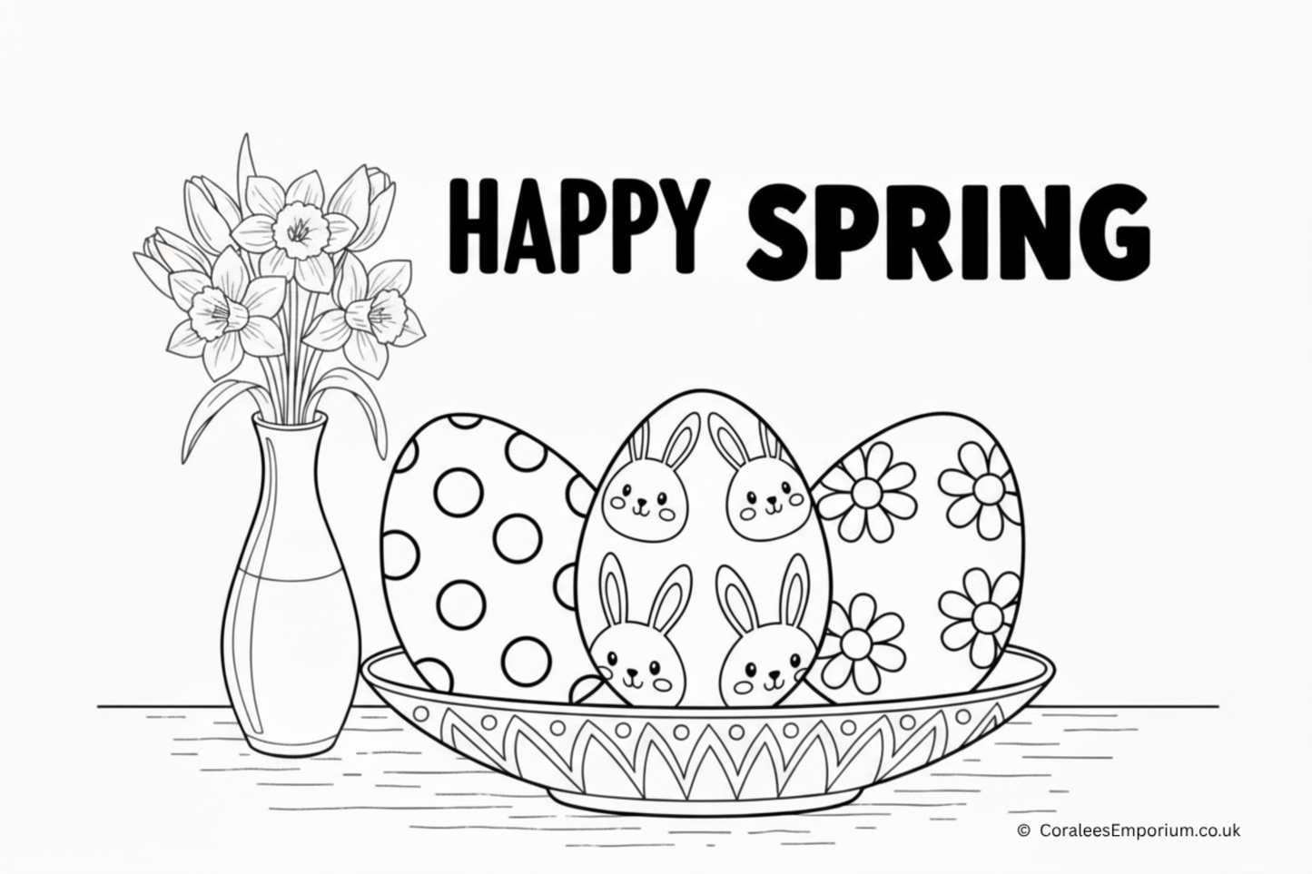 Black ink line, colouring page illustration - showing fun decorated Easter Eggs bunnies, & Daffodils in a vase | Coralee's Emporium copyright