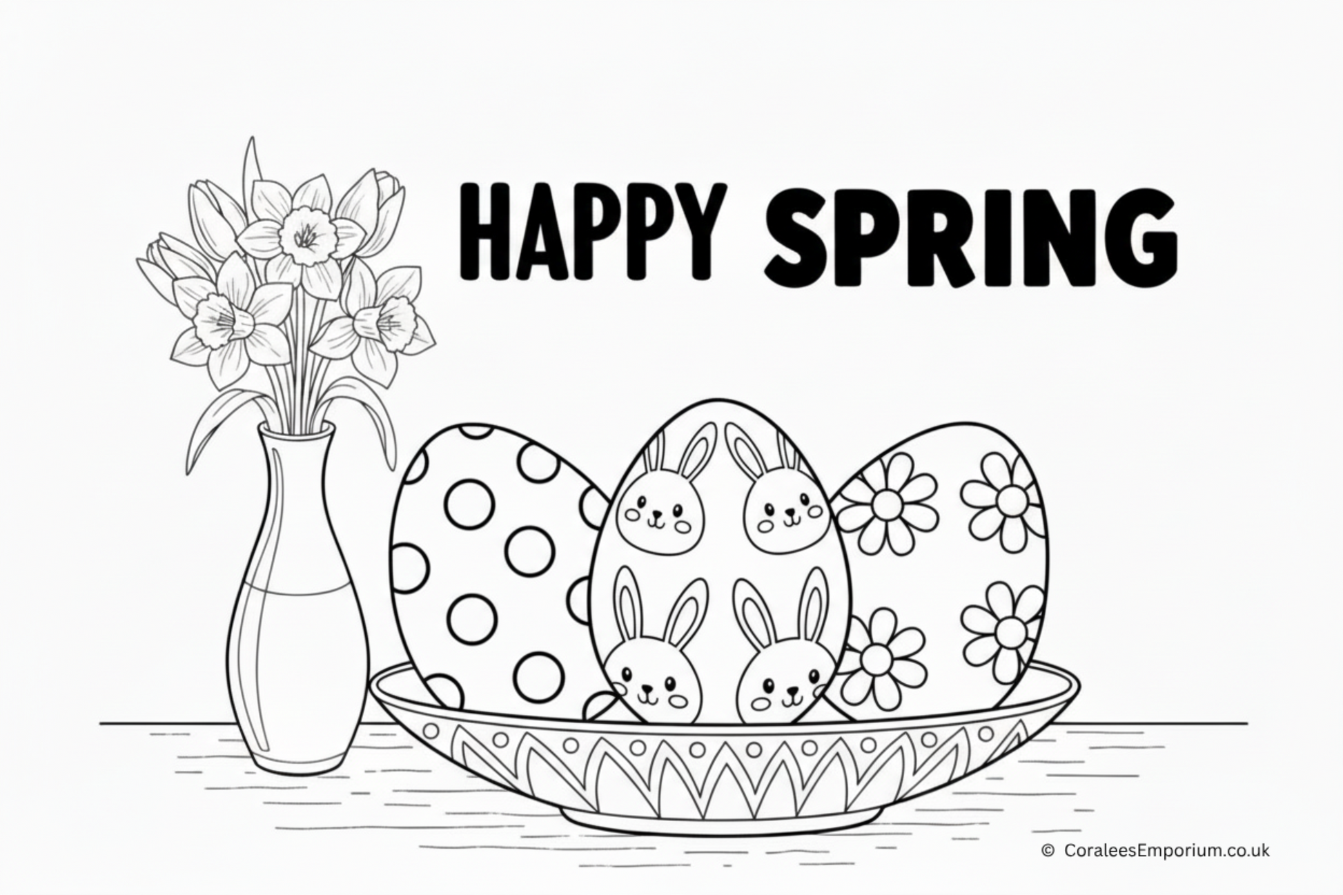 Black ink line, colouring page illustration - showing fun decorated Easter Eggs bunnies, & Daffodils in a vase | Coralee's Emporium copyright