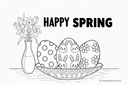 Black ink line, colouring page illustration - showing fun decorated Easter Eggs bunnies, & Daffodils in a vase | Coralee's Emporium copyright