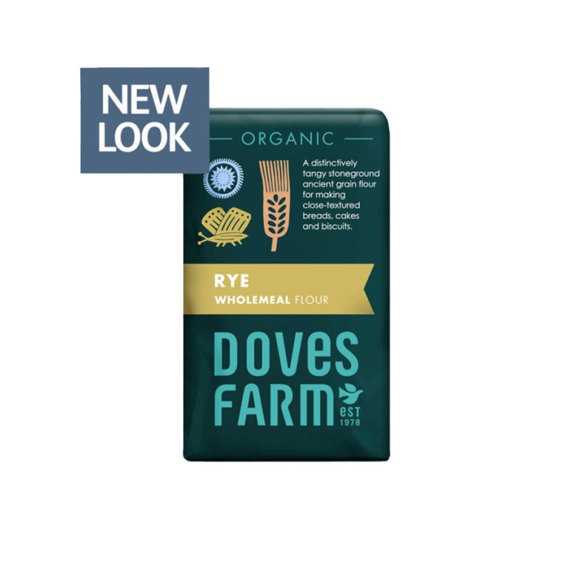 Doves Farm Rye Wholemeal Flour package with 'New Look' label on a white background