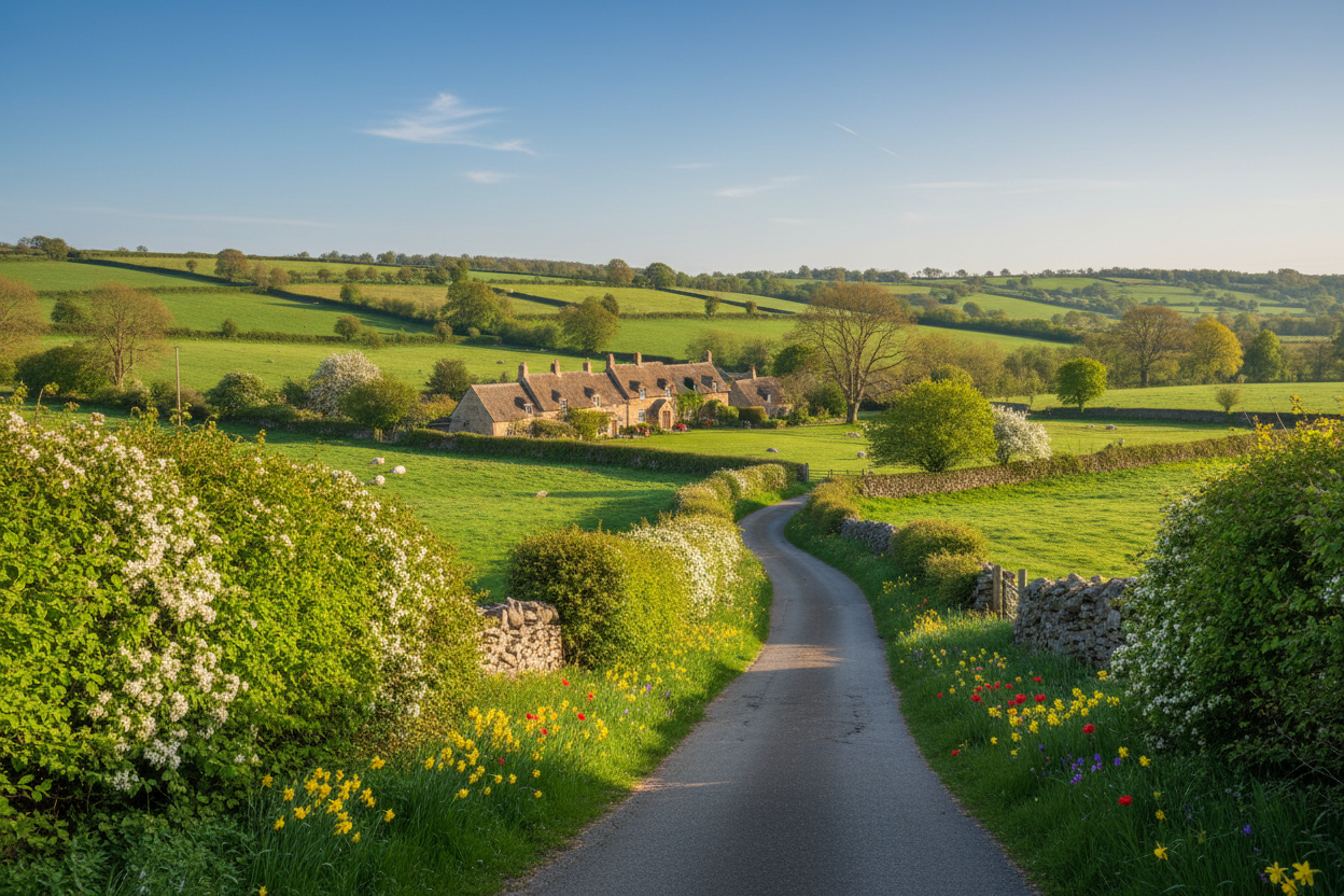 Winding road through a lush green countryside with a village in the distance.