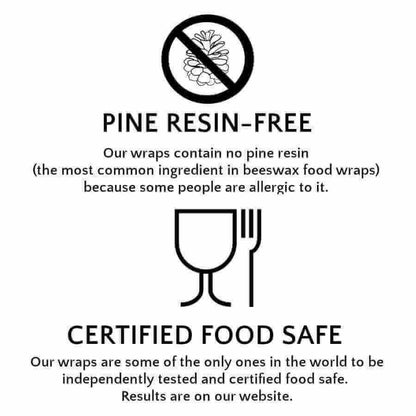Certification label for pine resin-free and food-safe wraps on a white background