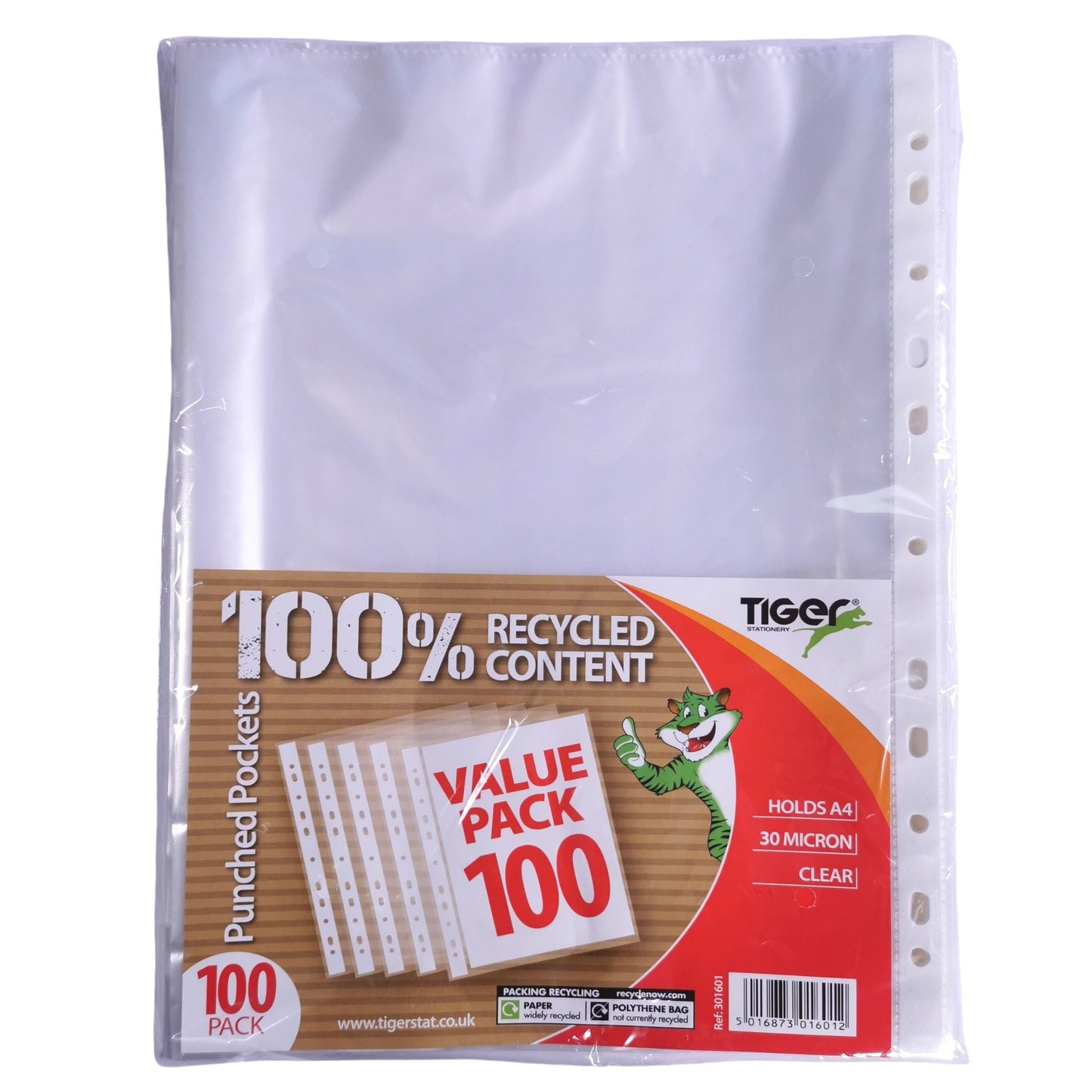Punched Pockets,  100% Recycled, Clear View - Pack of 100, 30 Micron Thick | A4