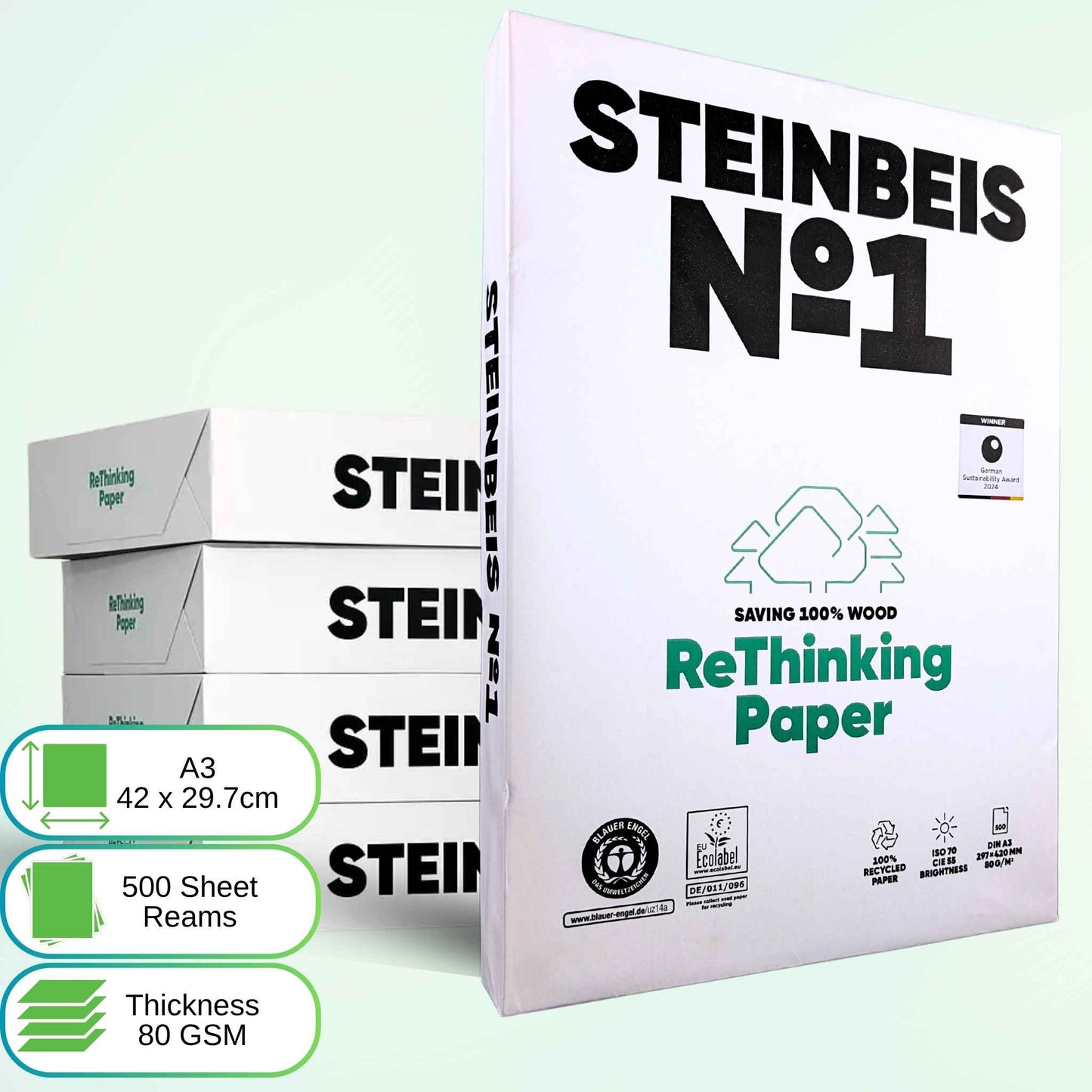 Printer Copy Paper, 100% Recycled, Natural White, 80 gsm, 'Steinbeis Classic №1' | A3
