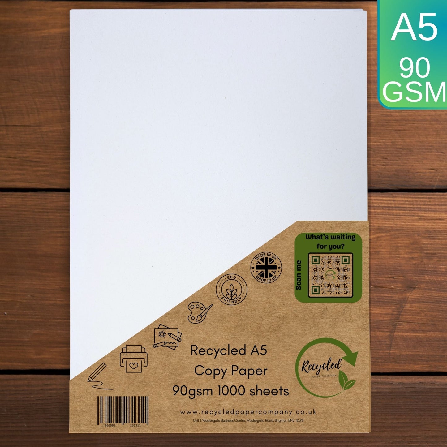 Printer Copy Paper, 100% Recycled, White, 1000 Sheets, 90gsm | A5