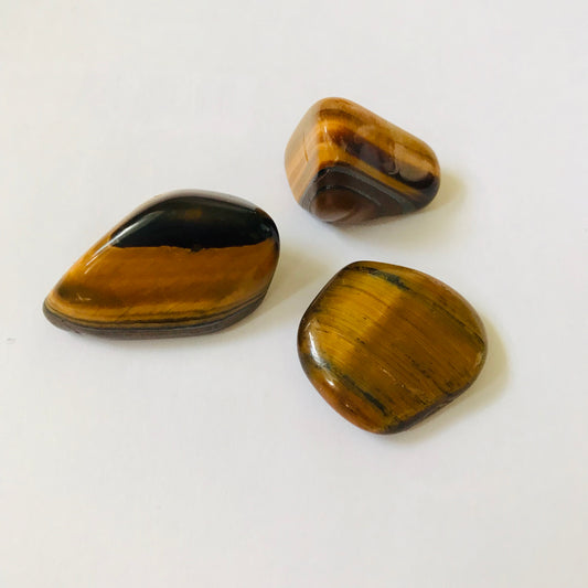 Three polished tiger's eye stones with natural brown and black banded patterns, arranged on a plain white surface.