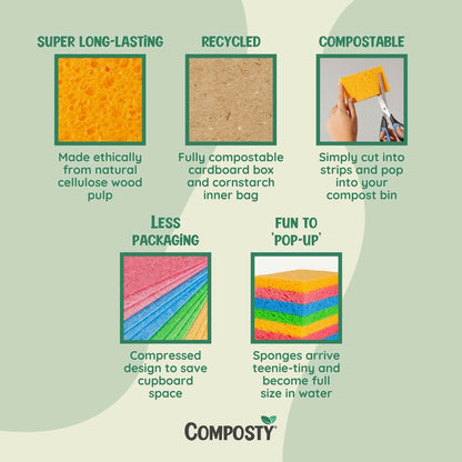 Composty product features including super long-lasting, recycled, compostable, less packaging, and fun to 'pop-up' on a green background.