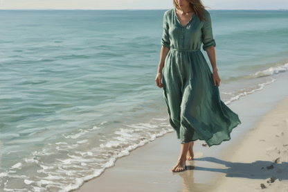 Woman walking along beach bare foot and in an aquamarine dress 