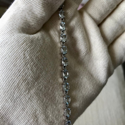 Limited Edition, Gem & Sterling Silver Bracelet made with Brazilian, Pedra Azul, Aquamarine Gemstones held in natural light 