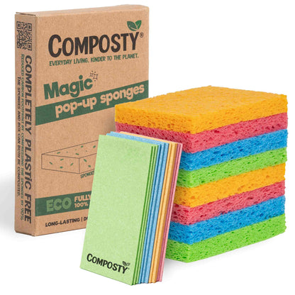 Composty Magic pop-up sponges with a cardboard box on a white background