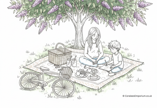 A black and white line art illustration of a mother and child having a picnic under a tree with purple flowers, featuring a picnic blanket, basket, and bicycle.