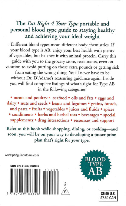 Back cover of the 'The Eat Right 4 Your Type' portable blood type guide, featuring descriptive text, a barcode, ISBN 978-0-425-18101-6, a teal 'Blood Type AB' badge