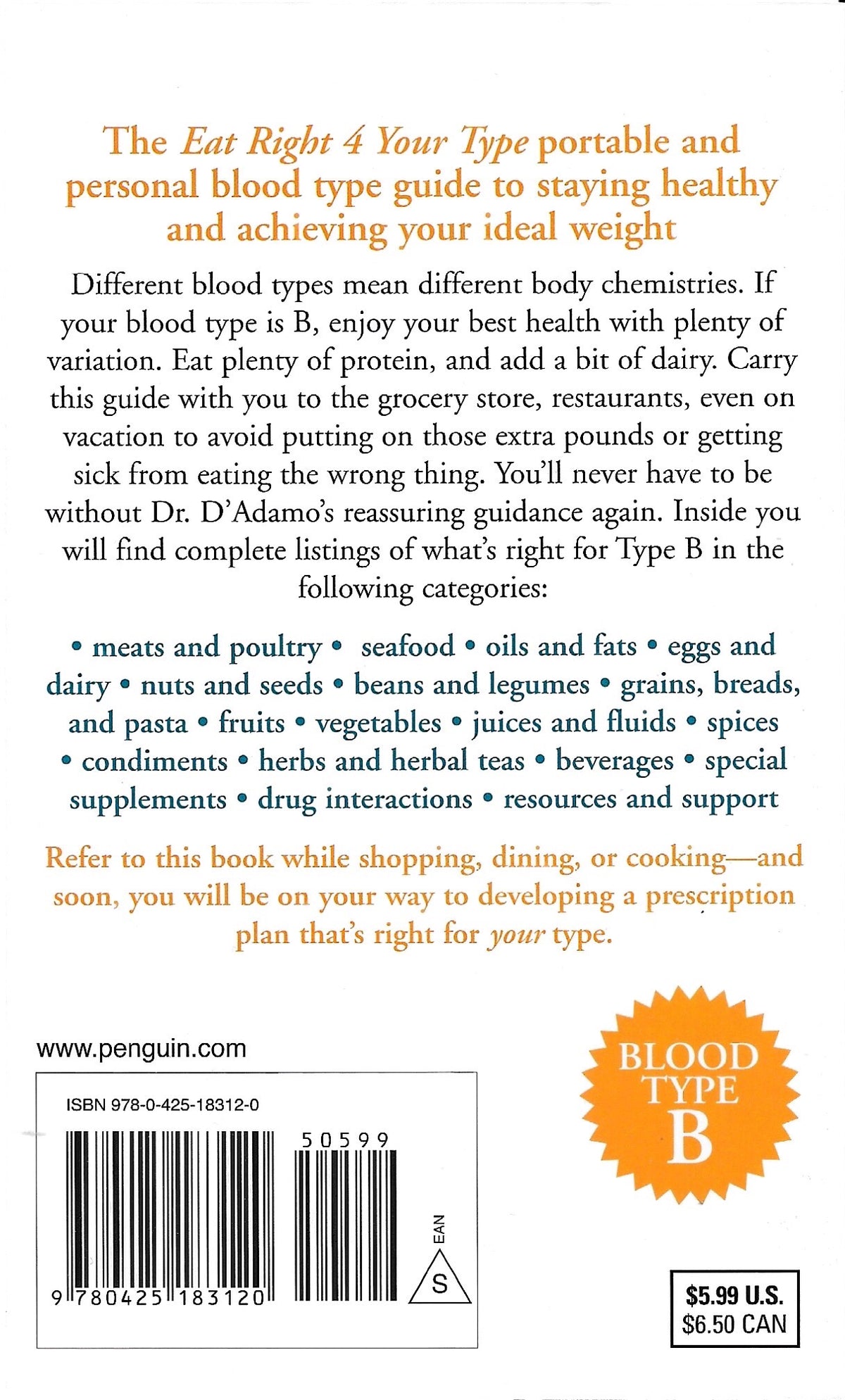 Back cover of the book 'The Eat Right 4 Your Type' by Dr. D'Adam, featuring orange text on a white background, a barcode, a blood type reference list for Type B, and an orange circular 'BLOOD TYPE B' badge.