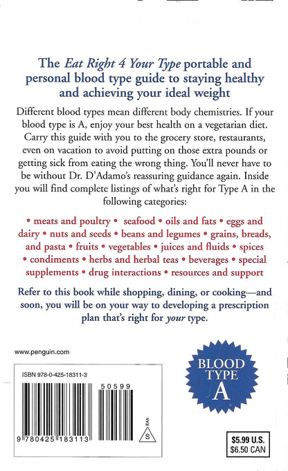 Back cover of the book 'The Eat Right 4 Your Type' showing descriptive text, a barcode, ISBN, a blue circular 'BLOOD TYPE A' badge, and pricing at the bottom right.