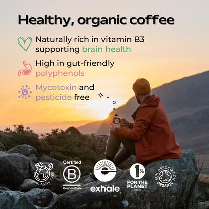 Person sitting on a rock with a coffee cup, surrounded by nature, with text about healthy, organic coffee and certification logos.
