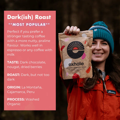 Person holding an 'exhale' coffee package with coffee information on a pink background
