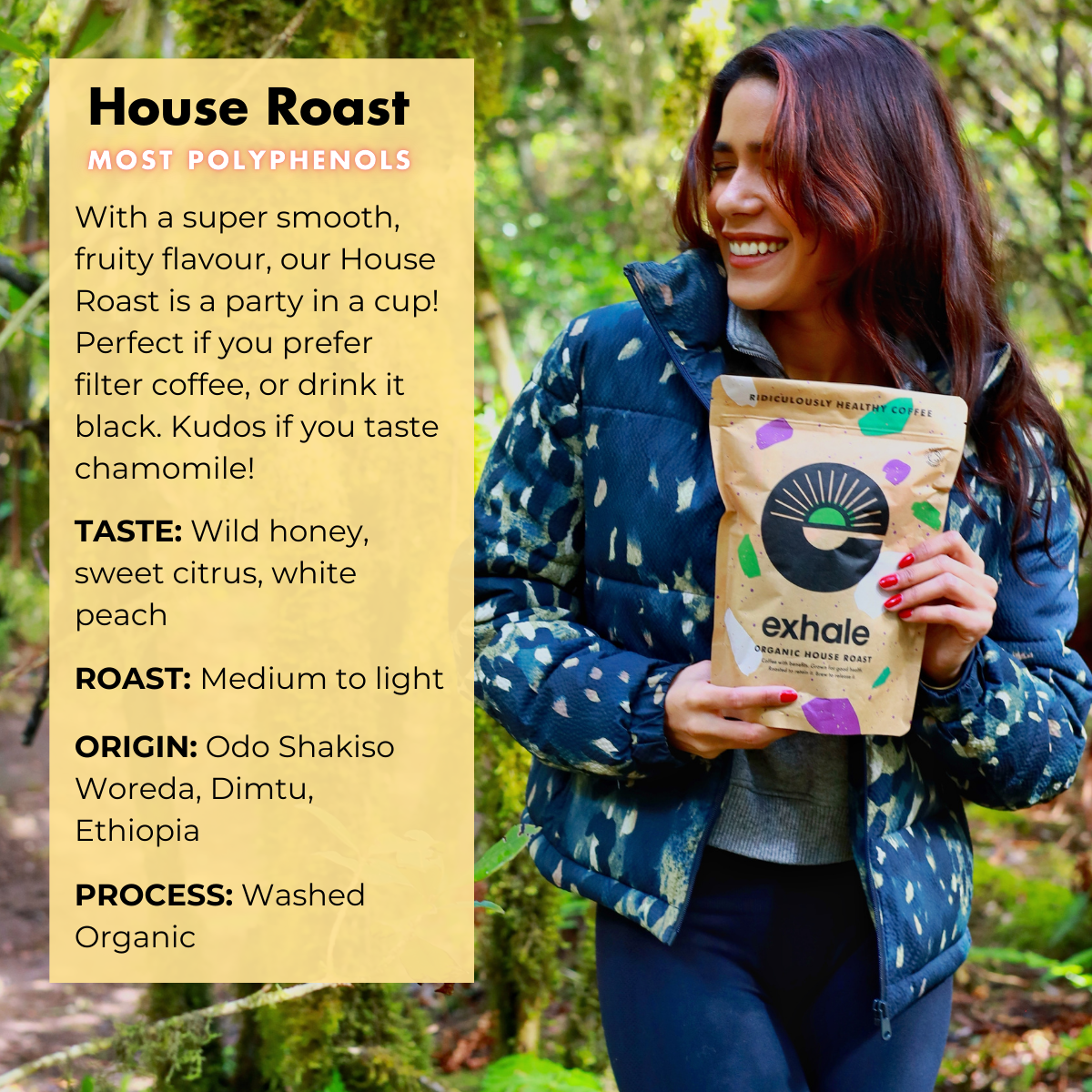 Woman holding an Exhale coffee bag with product details on a natural background