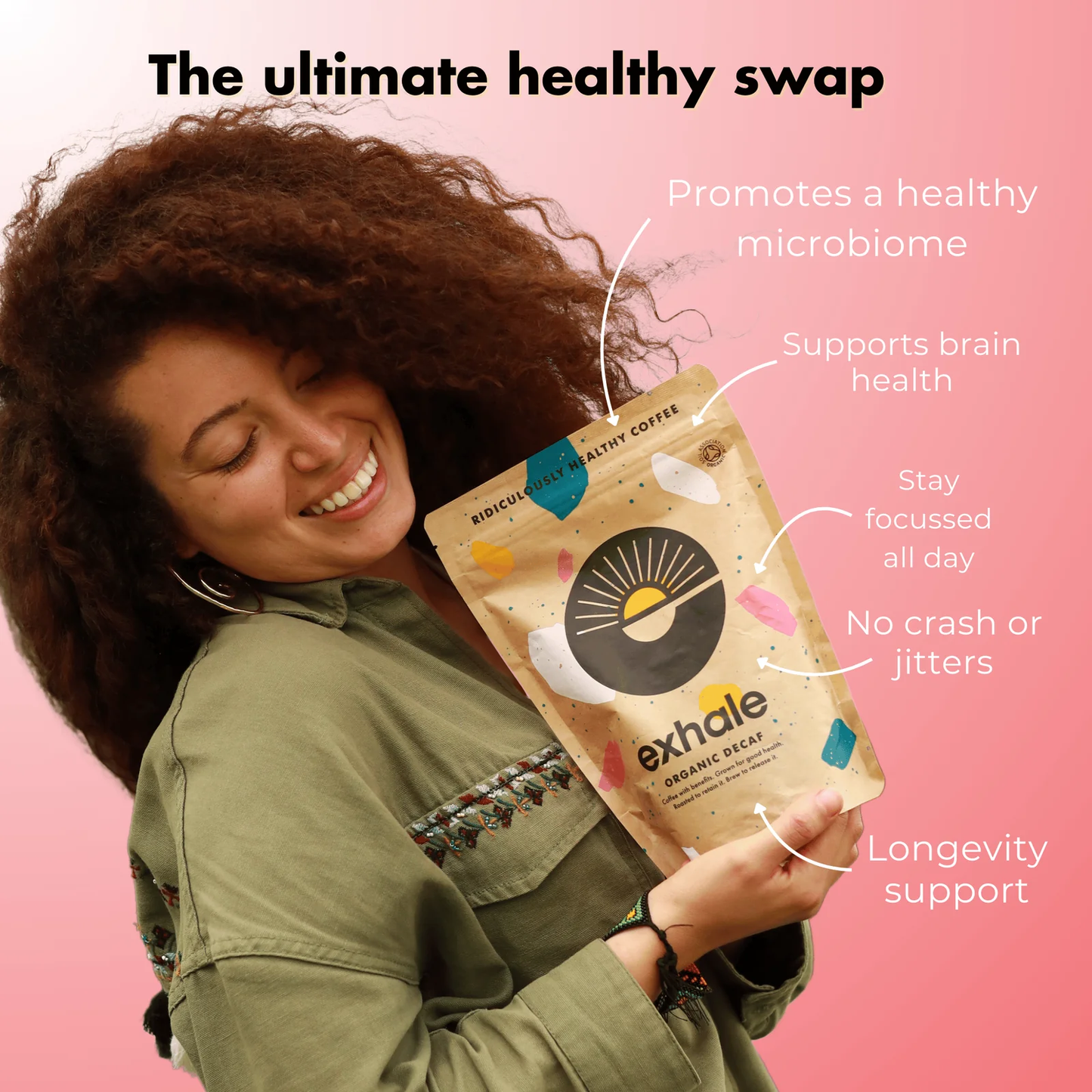 Woman holding an Exhale product with health benefits listed on a pink background