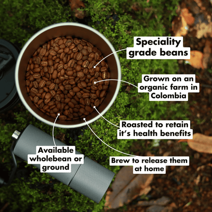Container of specialty grade coffee beans with text on a natural background