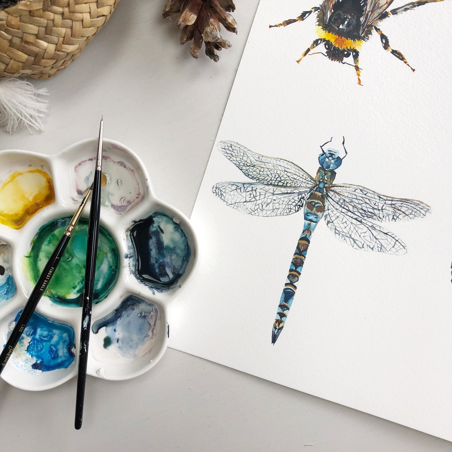 Artistic depiction of a dragonfly with watercolour tools and paint palette on a white surface  | Original Katie Hipwell 