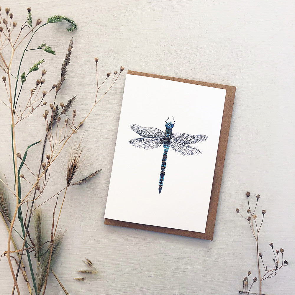 Greeting card with a dragonfly illustration on a white background, surrounded by dried plants.