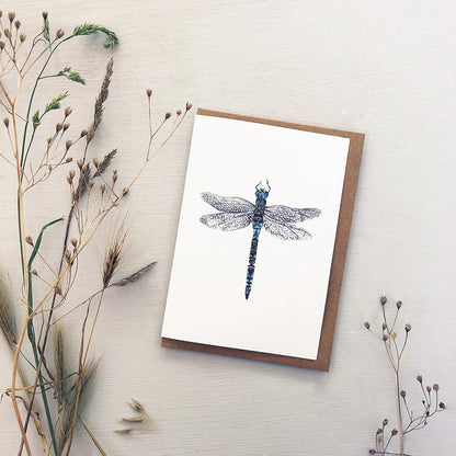 Greeting card with a dragonfly illustration on a white background, surrounded by dried plants.