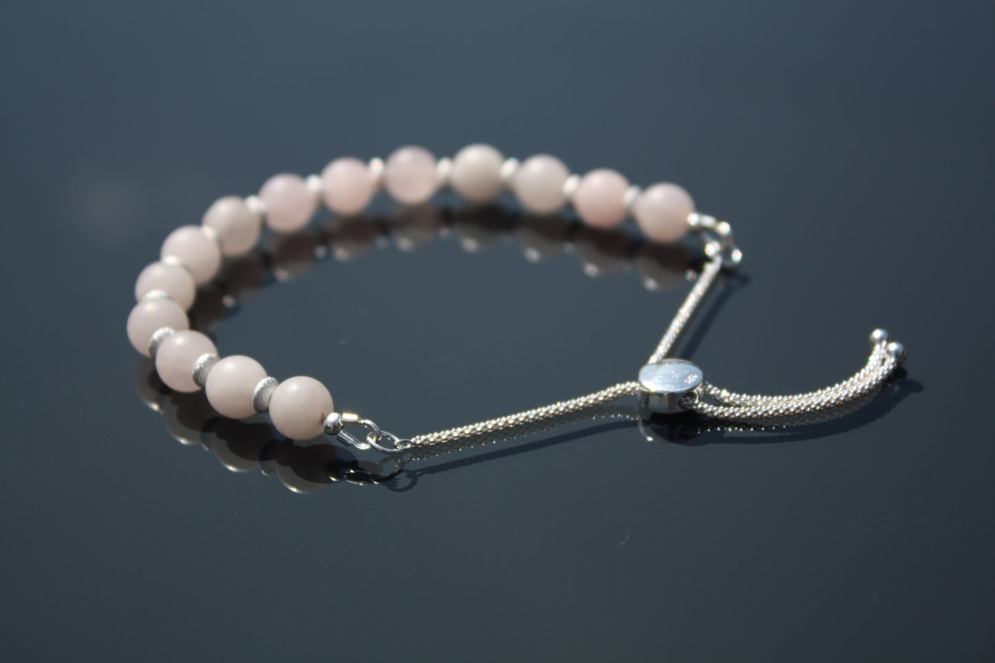 'Pink Stardust' - Frosted Rose Quartz/Sterling Silver | Bracelet showing beads, chain ,and slider fastening  | made by Hollie Cora 