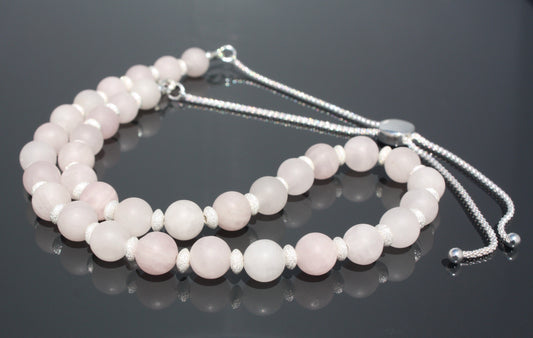'Pink Stardust' - Frosted Rose Quartz/Sterling Silver | Necklace  showing beads, chain ,and slider fastening  | made by Hollie Cora 