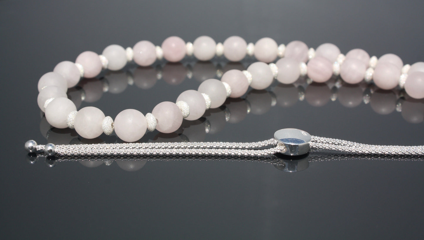 'Pink Stardust' - Frosted Rose Quartz/Sterling Silver | Necklace  showing slider fastening  | made by Hollie Cora Lovett