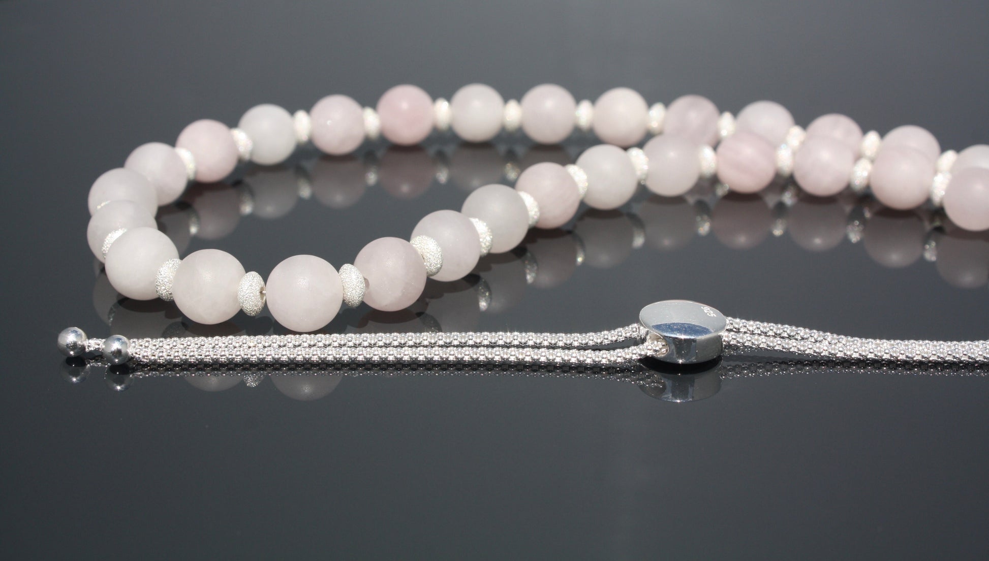 'Pink Stardust' - Frosted Rose Quartz/Sterling Silver | Necklace  showing slider fastening  | made by Hollie Cora Lovett