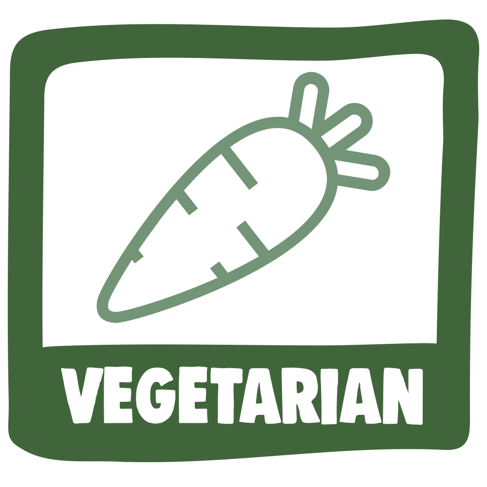 Vegetarian symbol with a carrot icon and 'VEGETARIAN' text on a green background