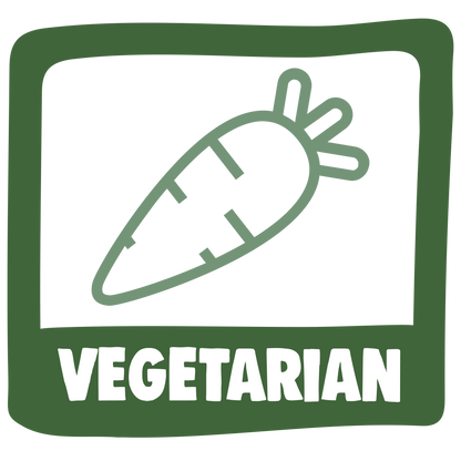 Vegetarian symbol with a carrot icon and 'VEGETARIAN' text on a green background