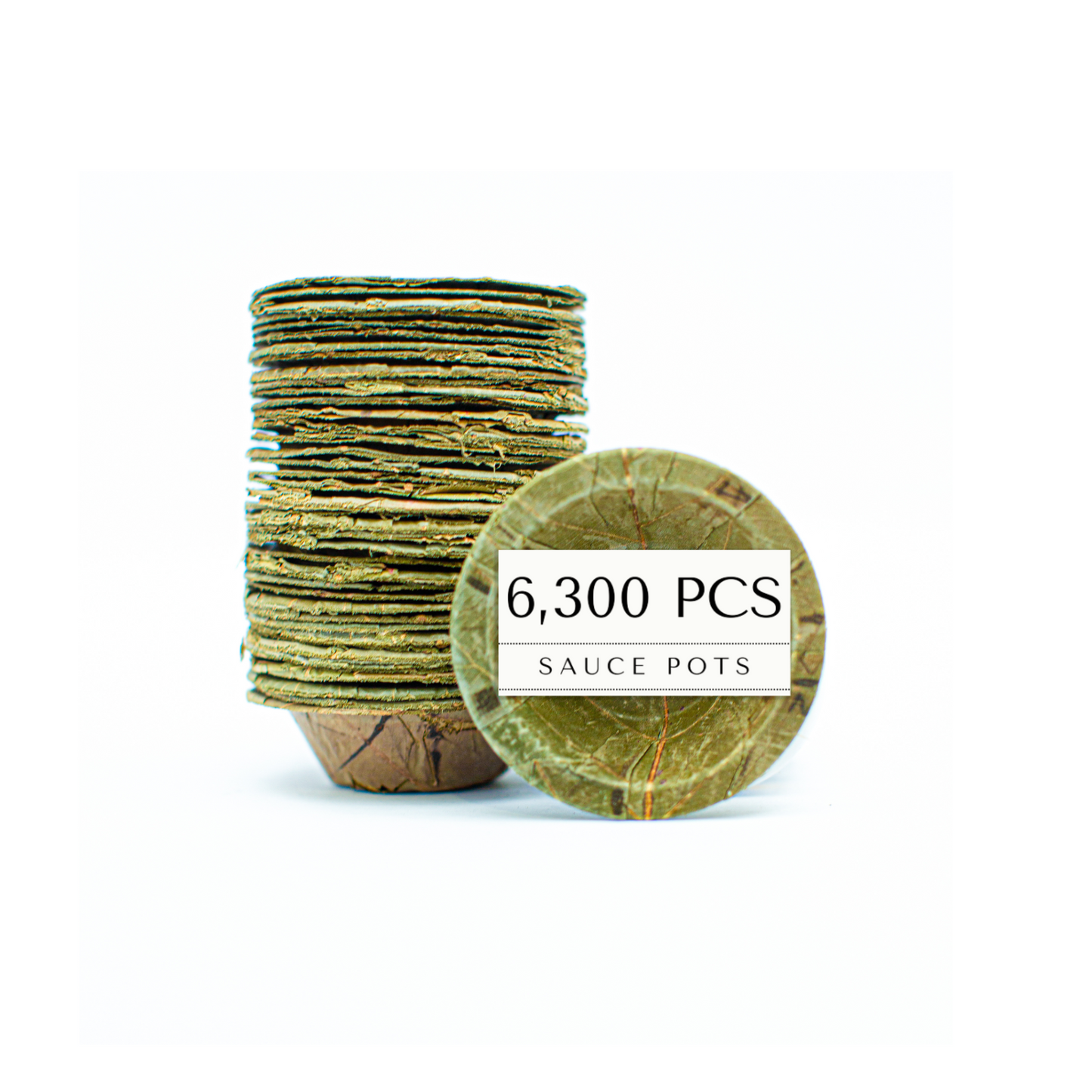 Stack of green sal leaf sauce pots with a label indicating 6,3000 on a white background