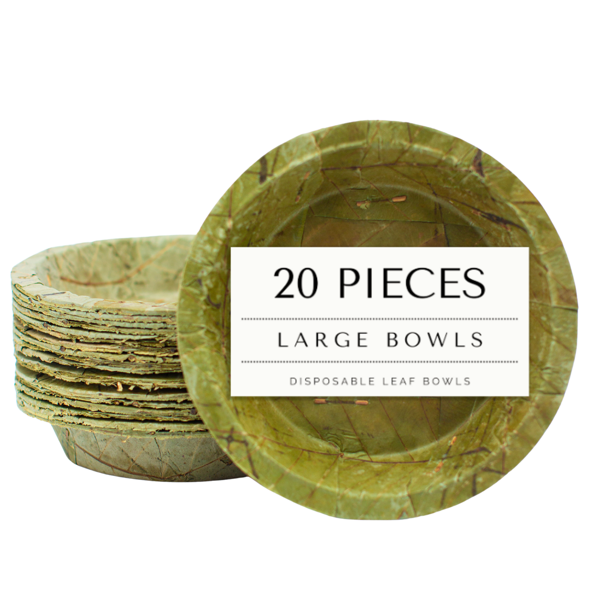 Set of large disposable leaf bowls with a label indicating '20 Pieces' on a white background.