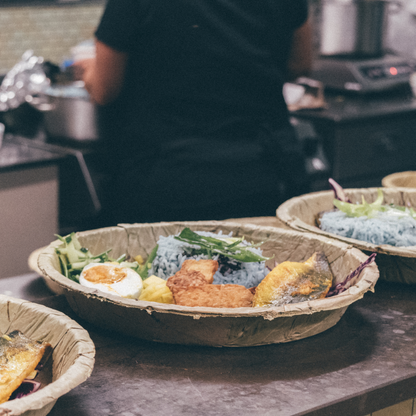 Leaf Bowl of food on a counter with a person in the background
