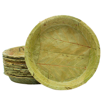 Stack of green leaf plates on a white background
