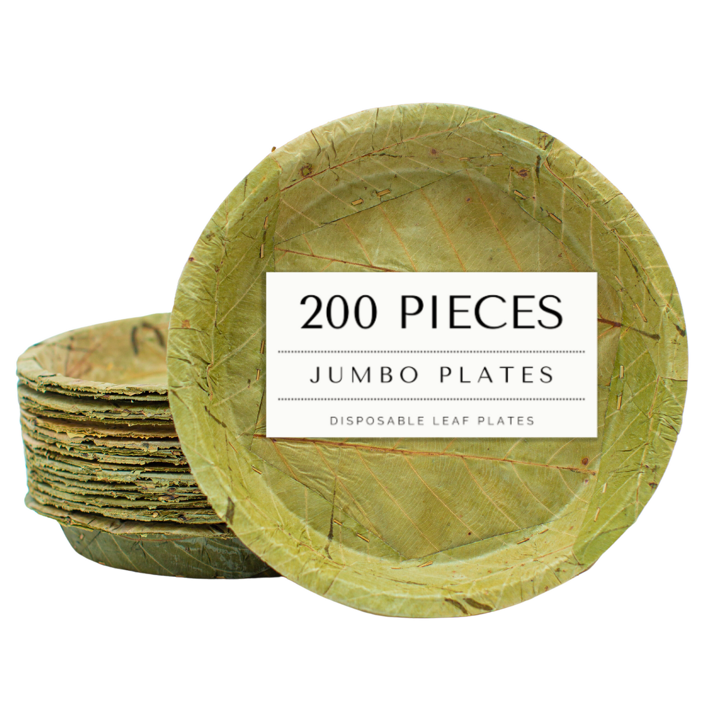 200-piece set of jumbo disposable leaf plates on a white background