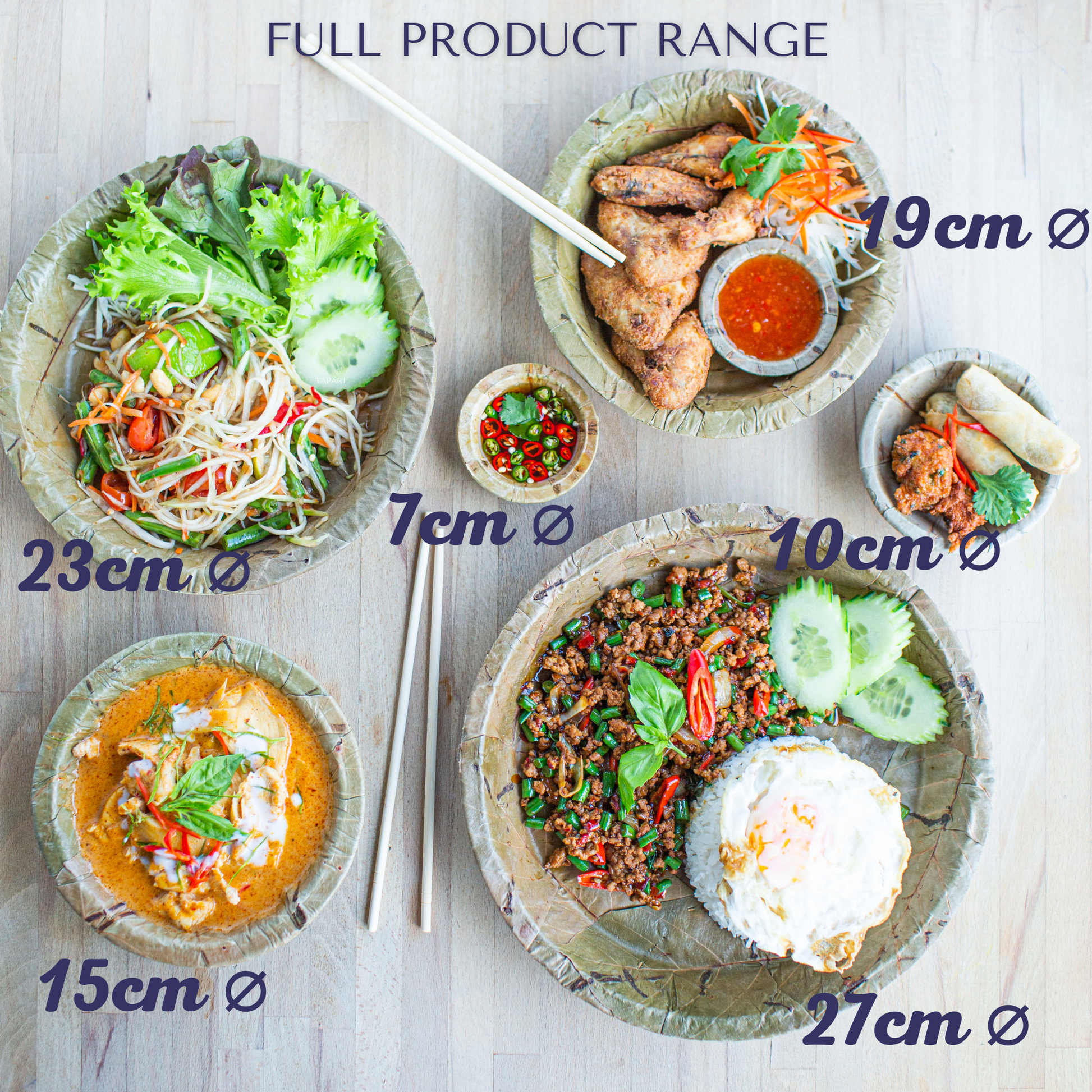 Assorted dishes on Tapari sal leaf plates with sizes indicated, on a light wooden surface.