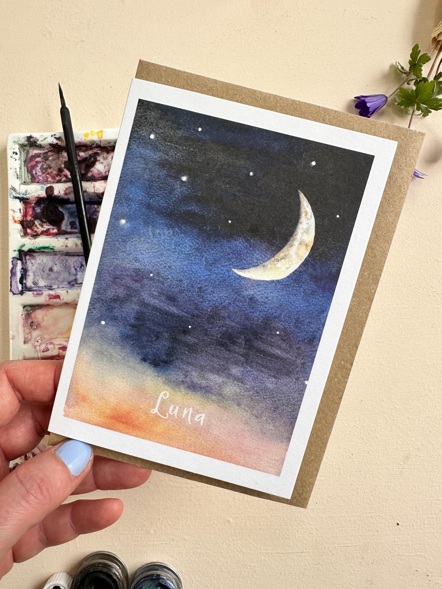 Printed Greeting Card, Watercolour of Crescent Moon 'Luna' - A6 Size