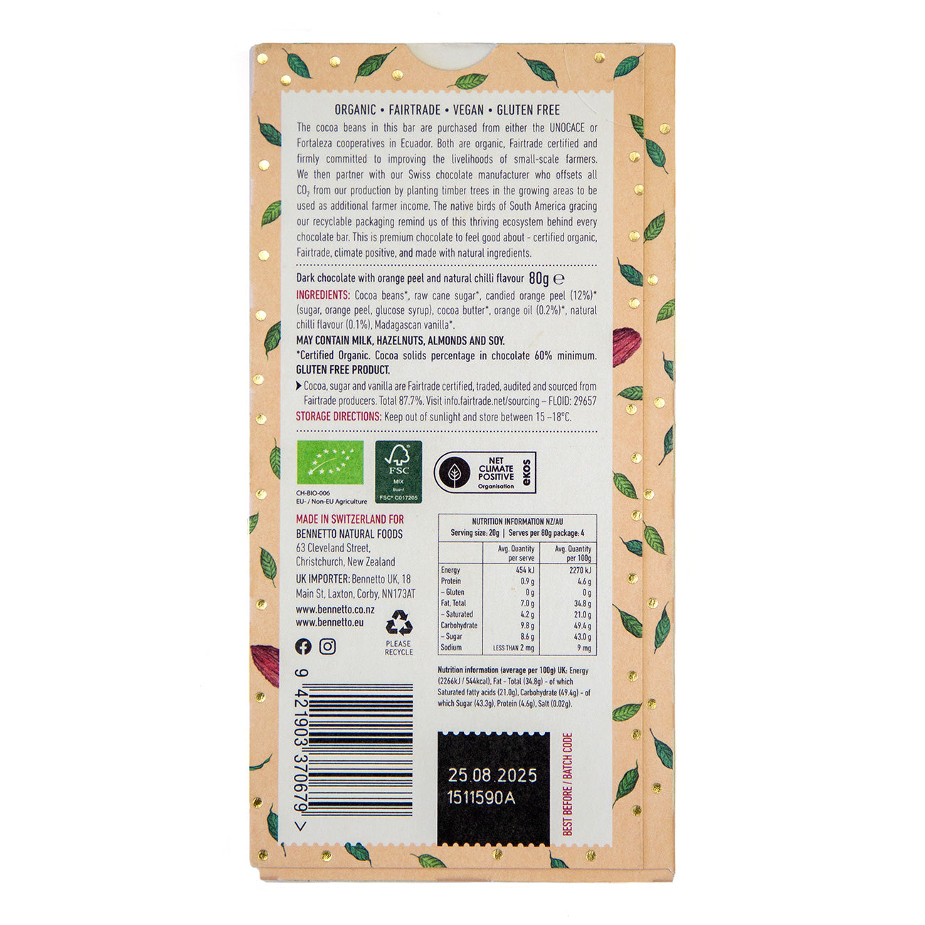 Organic Chocolate Bar - Dark Orange with Chilli 60