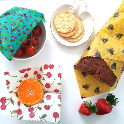 Beeswax Wraps - Bees & Cherries - Handmade | Set of 3