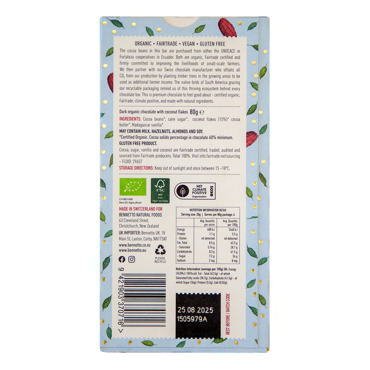 Organic Chocolate Bar -  Coconut Flakes 60