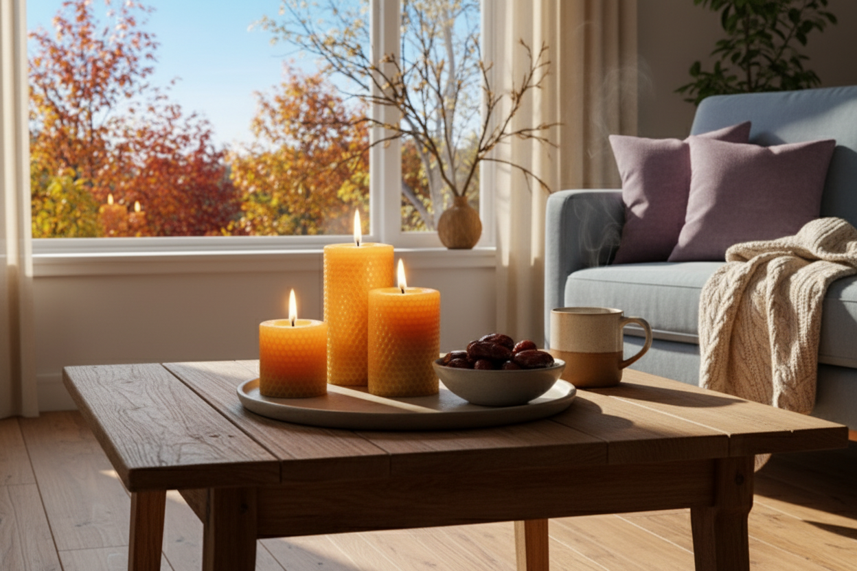 3 Beeswax candles are all on a plate, which is on an indoor coffee table, along with a bowl of dates and a mug of hot drink.

It is daytime and autumn outside 

A window has curtains hanging at the side.

The floor under the table is timber.

The sofa in the background is colour duck egg blue with pale lavender-hued cushions.  A knitted cardigan is on the arm of the sofa.

The autumn bright sunlight warms up the room.
