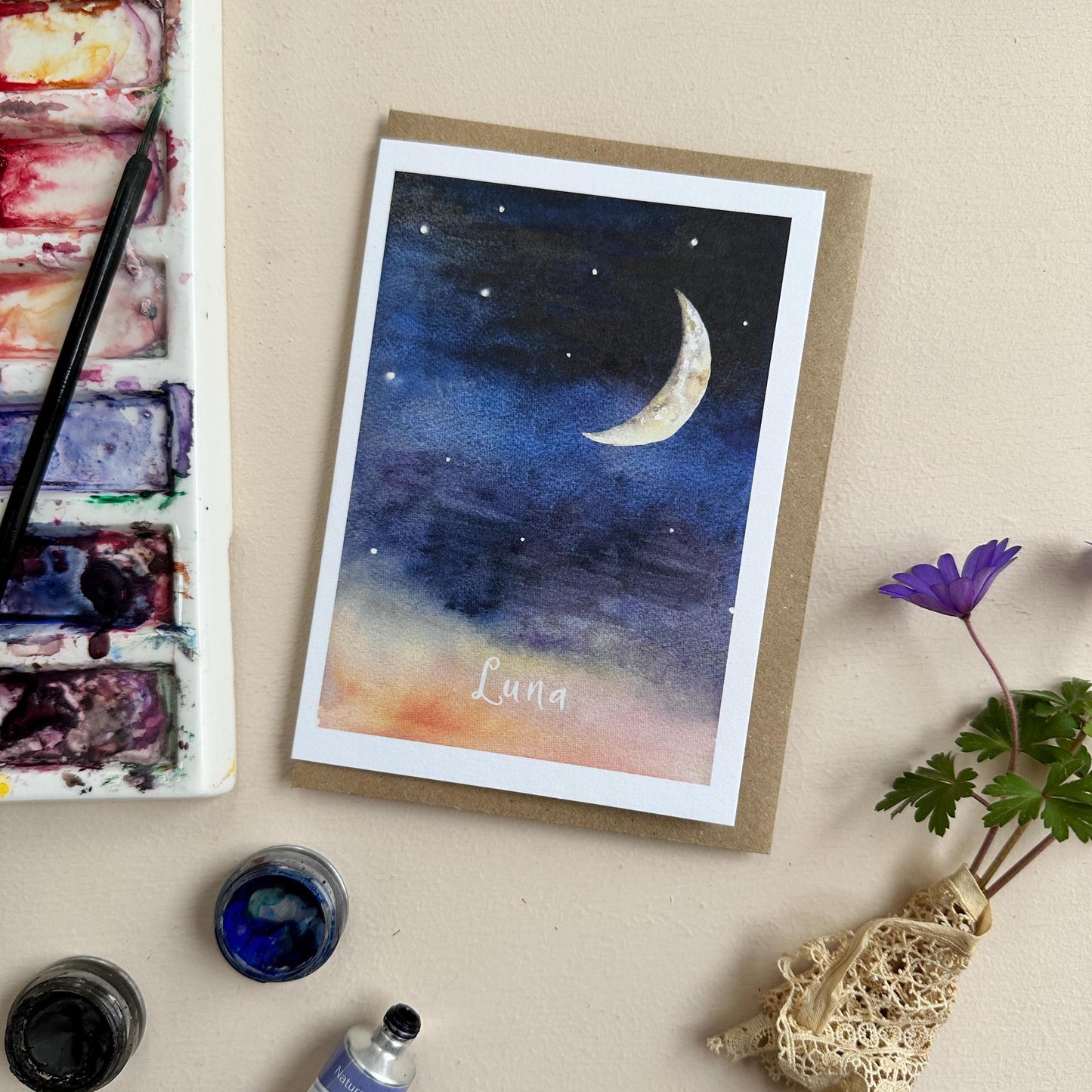 Printed Greeting Card, Watercolour of Crescent Moon 'Luna' - A6 Size