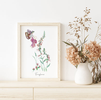 Fine Art PRINT, Watercolour, Foxglove Fairy | sizes & frame options