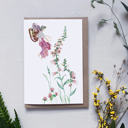 Printed Greeting Card, Watercolour of Foxglove flower fairy - A6 Size